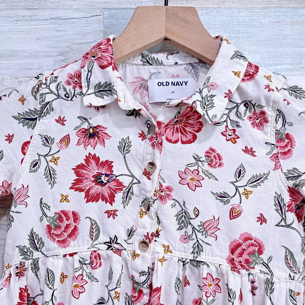 Old Navy Long Sleeve Floral Shirt Dress Cotton Blend Casual Toddler Girl 4T